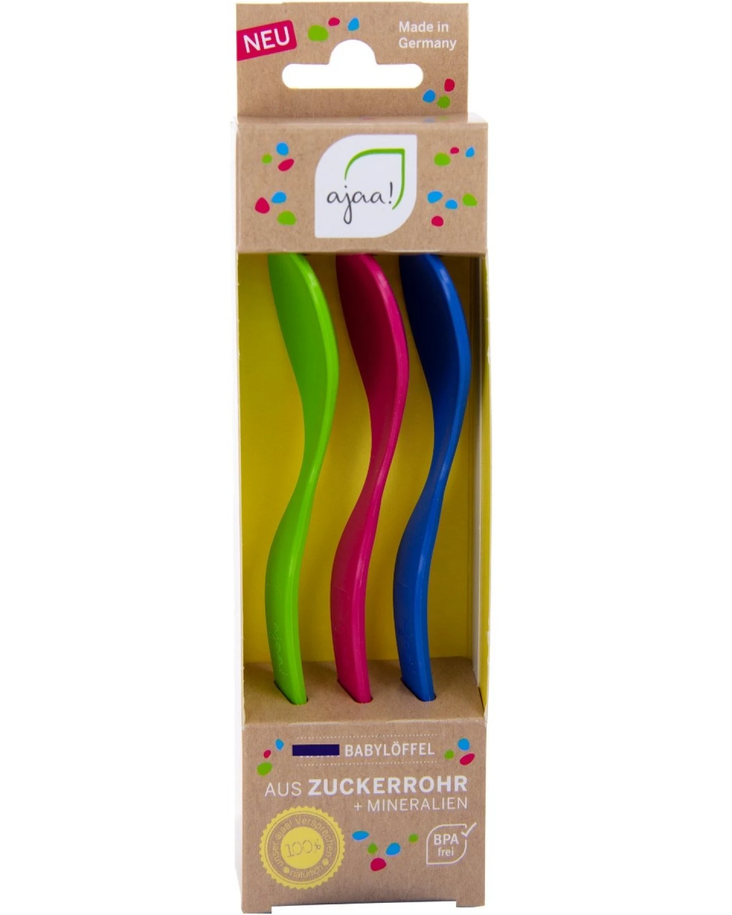 Babylöffel aus nachwachsenden Rohstoffen 3er Set lime, blue, pink – Ansicht 2