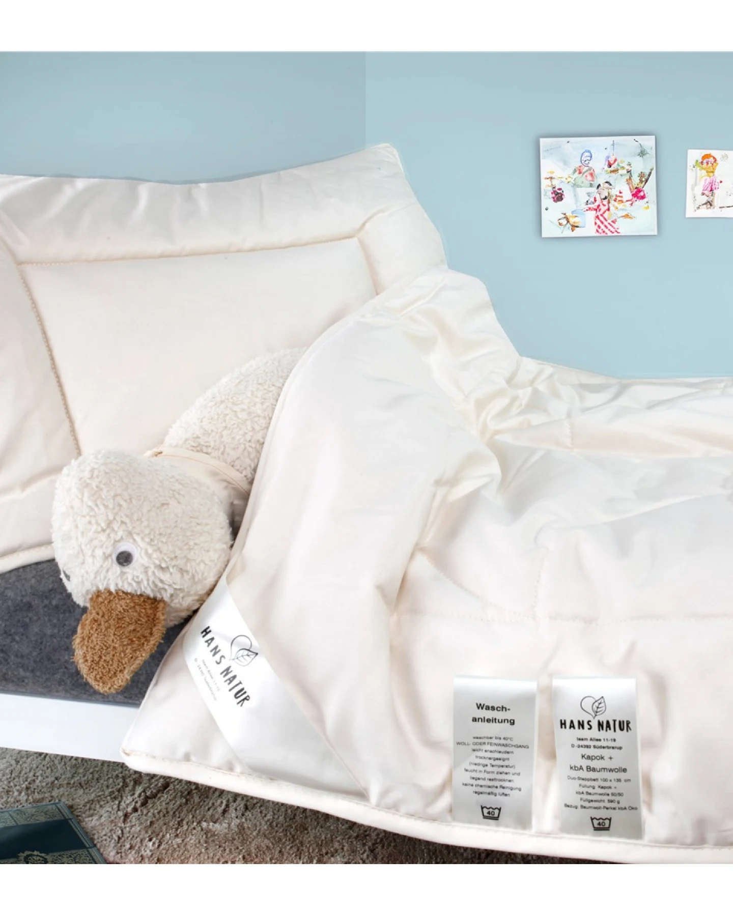 Baby- und Kinderbettdecke und Kissen Baumwolle (kbA)-Kapok Bettdecke 100x135cm, Flachkissen 40x60cm – Ansicht 2