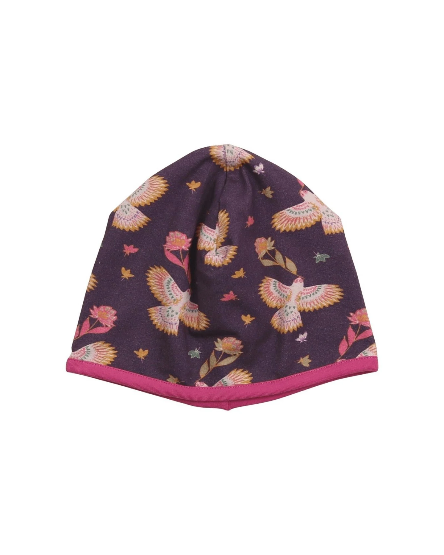 Kinder Wende Mütze Bio-Baumwolle Vogeldruck plum-pink Gr. 53/55 – Ansicht 2