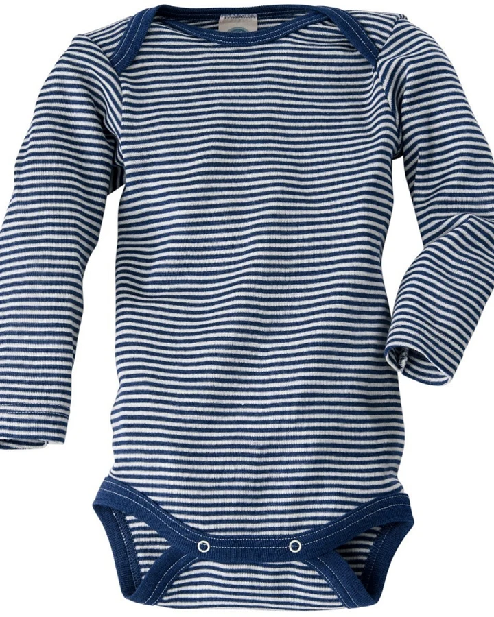 Cosilana Baby Body Langarm Wolle Seide blau-geringelt Gr. 86/92
