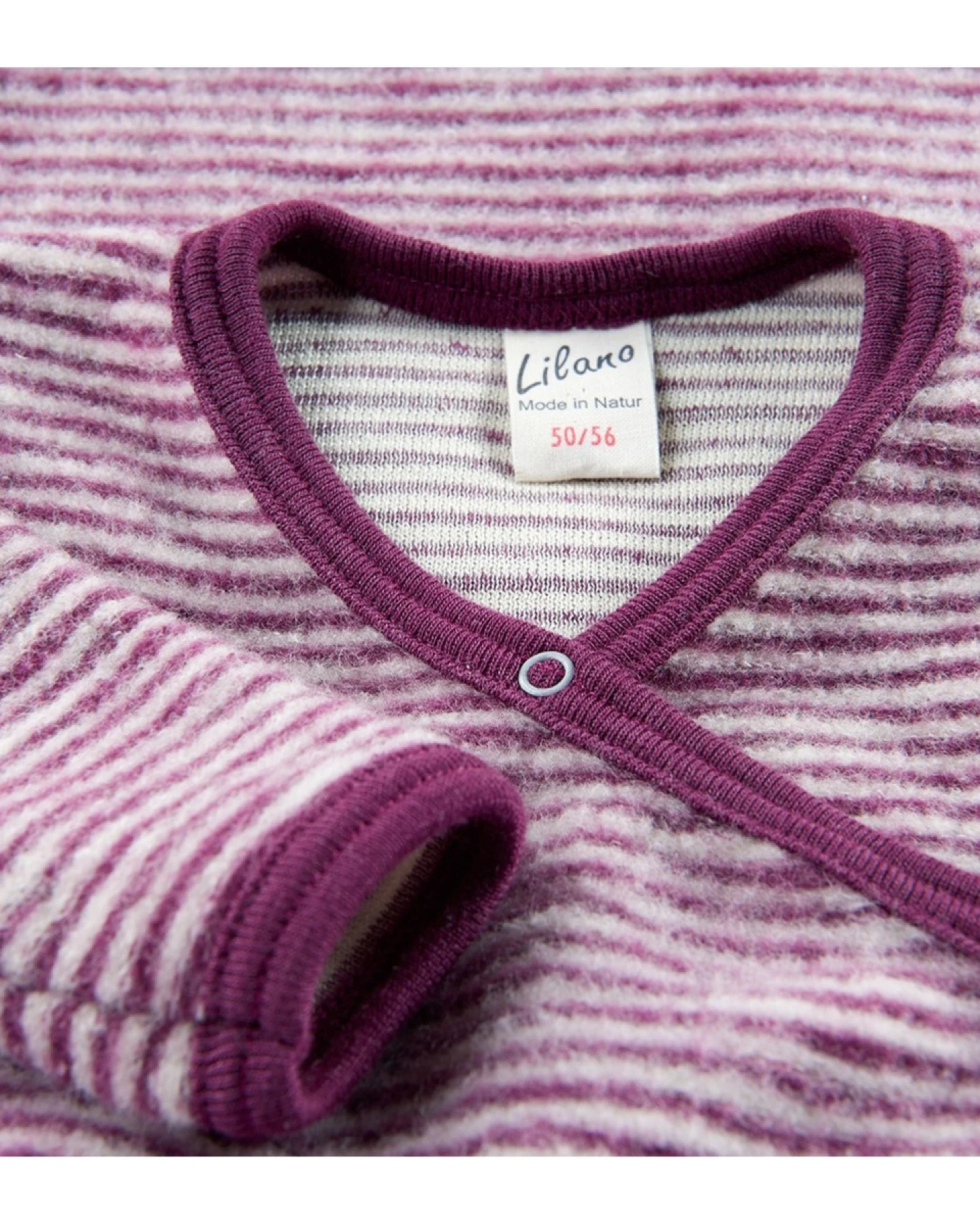 Lilano Schlafsack Baby Bio-Merinowolle Frottee-Plüsch beere-geringelt Gr.62/68 – Ansicht 2