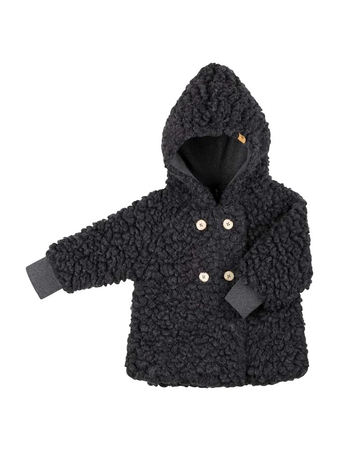 PURE PURE by Bauer Kinder Jacke Bio-Schurwolle Plüsch mit Kapuze Doppelreiher anthrazit Gr. 86/92