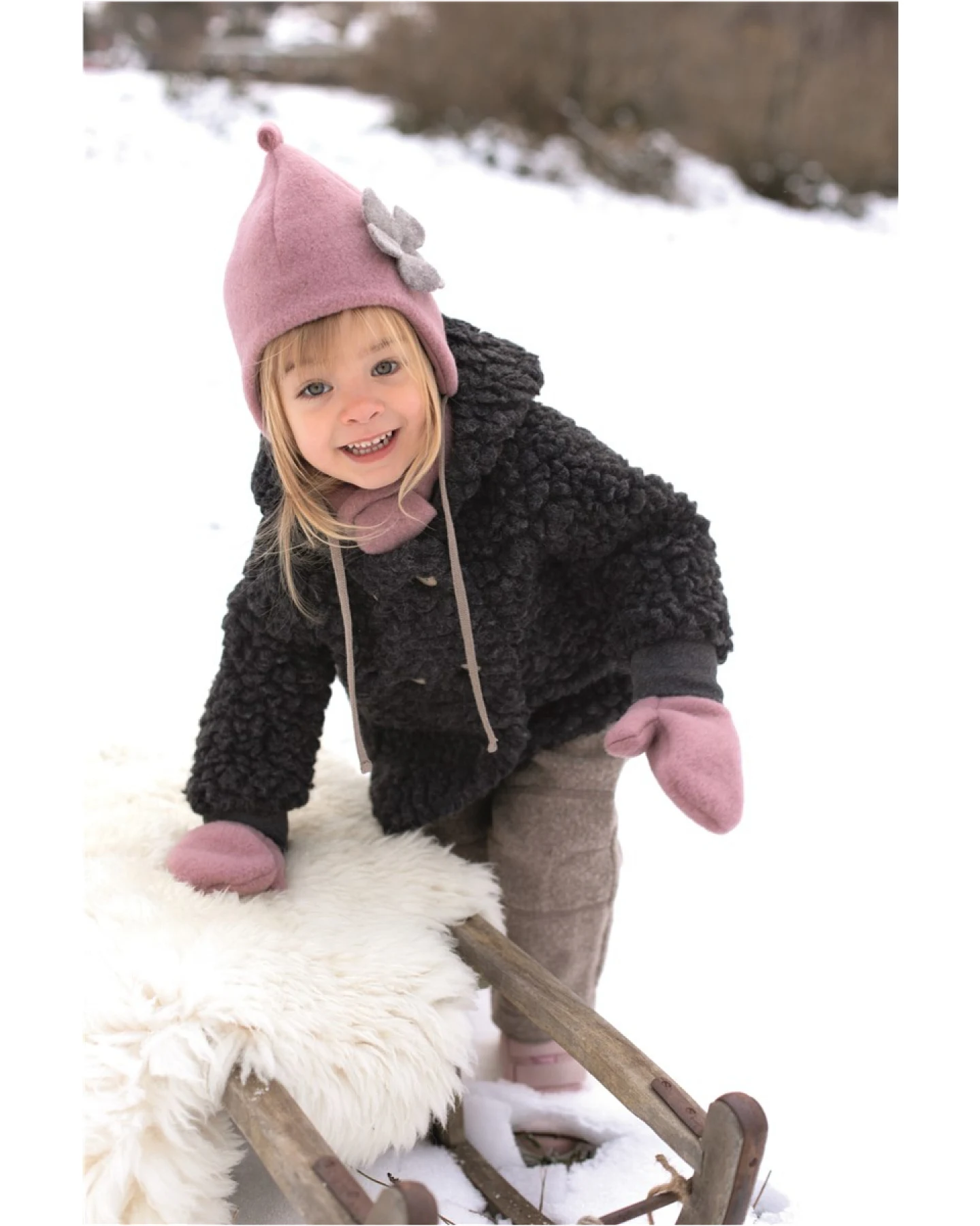 PURE PURE by Bauer Kinder Jacke Bio-Schurwolle Plüsch mit Kapuze Doppelreiher anthrazit Gr. 86/92 – Ansicht 2