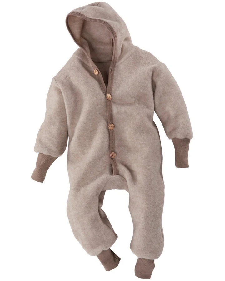 Cosilana Baby und Kinder Kapuzenoverall Wolle-Baumwolle Fleece latte macchiat Gr.74/80