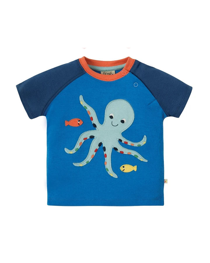 Frugi Baby und Kinder T-Shirt Oktopus blau Gr.2 (3-6 Monate)