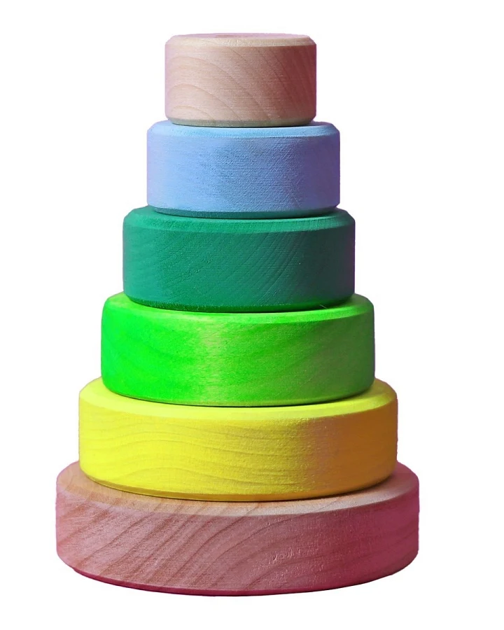 Grimms Scheibenturm aus Lindenholz, 6-teilig klein neon grün Höhe 13 cm