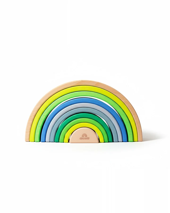 Produktseite: Grimms Großer Regenbogen aus Lindenholz, 10-teilig neon grün Maße 27,4 x 13,7 cm