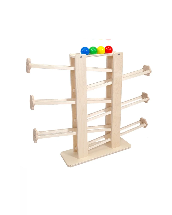 Kugelbahn aus Holz, 4 Murmeln bunt Höhe 60 cm