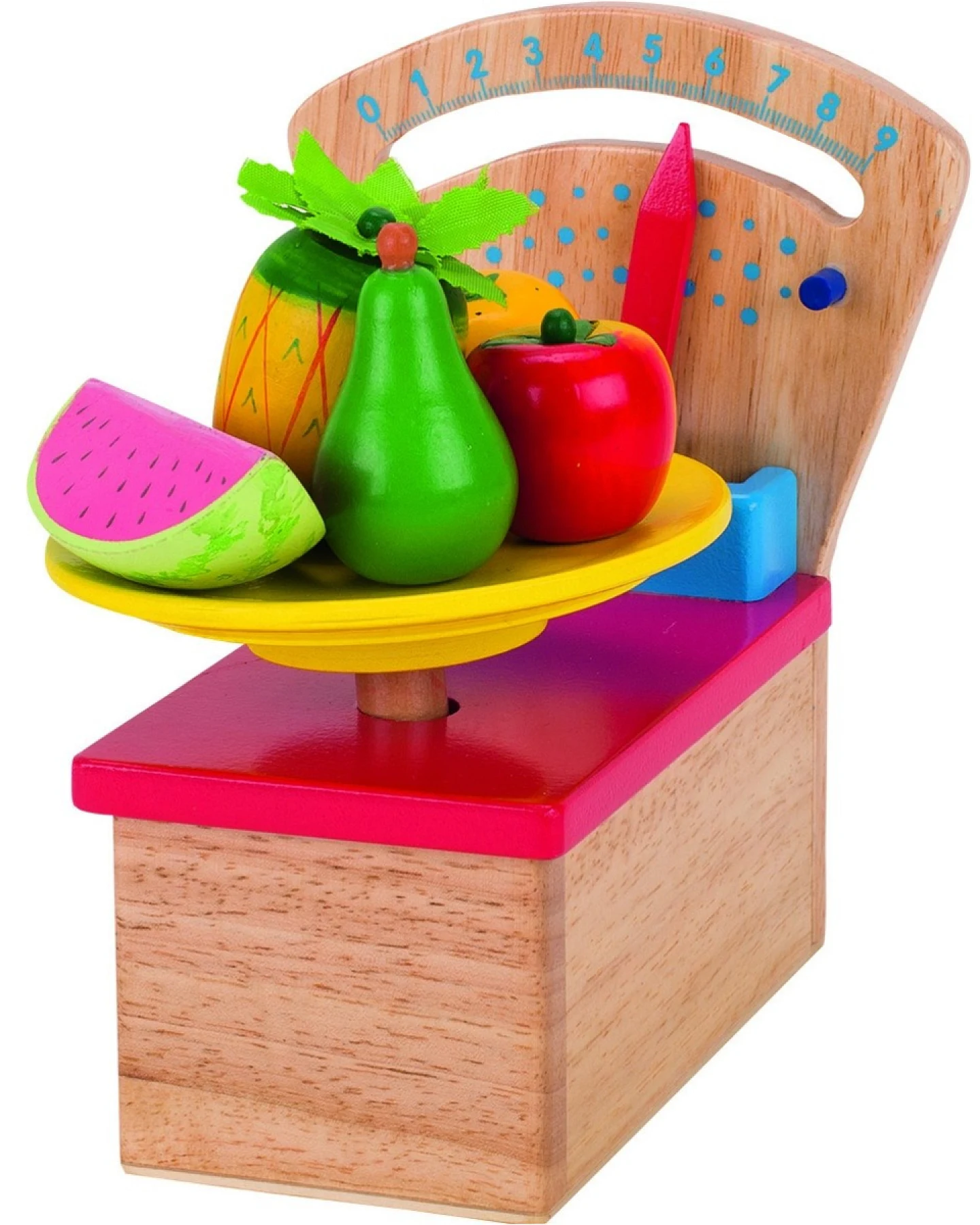 goki Waage für Kaufladen und Kinderküche, Gummibaumholz 12,6 x 15,2 x 17,2 cm – Ansicht 2