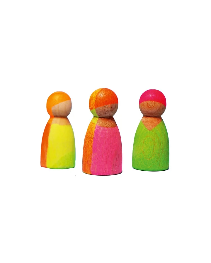 Produktseite: Grimms Neonfreunde aus Holz 3-teilig, bunt lasiert Durchmesser 3 cm, Höhe 6,5 cm