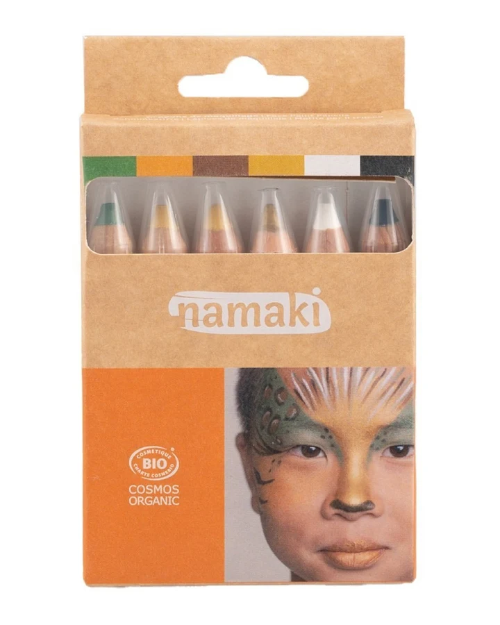 Produktseite: Kinder Bio Schminkstifte Set 6-teilig "Tierwelt" grün, orange, braun, gold, weiß, schwarz