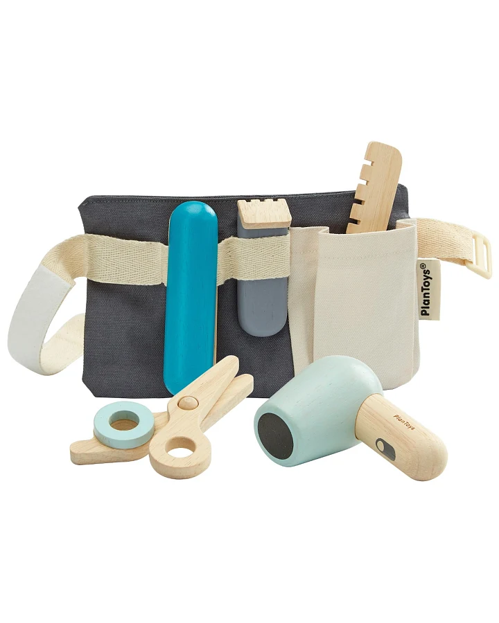 PlanToys Kinder Friseur Set mit Zubehör aus Kautschukholz Maße 12,5 x 23 cm