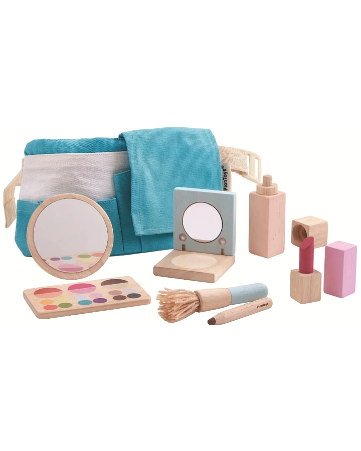 PlanToys Kinder Makeup Schmink Set mit Zubehör aus Kautschukholz Maße 22,5 x 12 cm