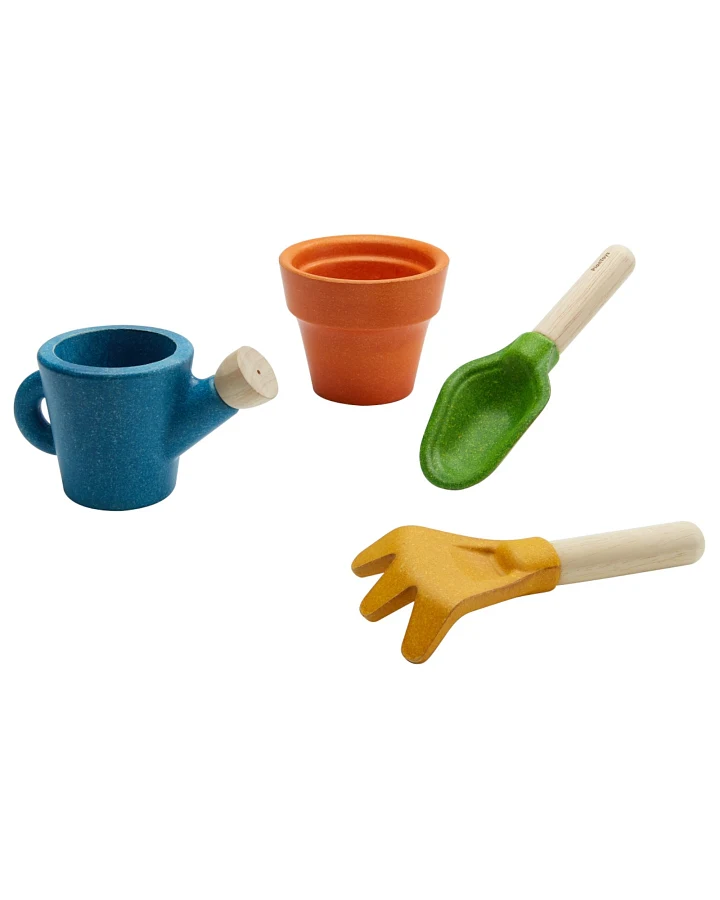 Produktseite: PlanToys Kinder Gärtner Set aus recyceltem Kautschukholz Maße 9,8 x 9,8 x 7,8 cm