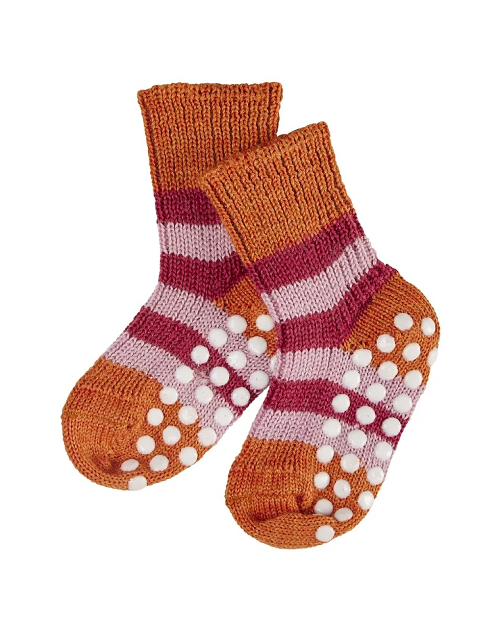 Kinder Stoppersocken Bio-Schurwolle orange-geringelt Gr.18-20