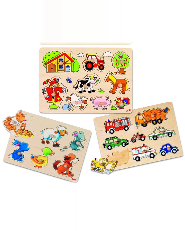 goki 3 verschiedene Steckpuzzle aus Holz Mit 6, 8 und 9 Teilen