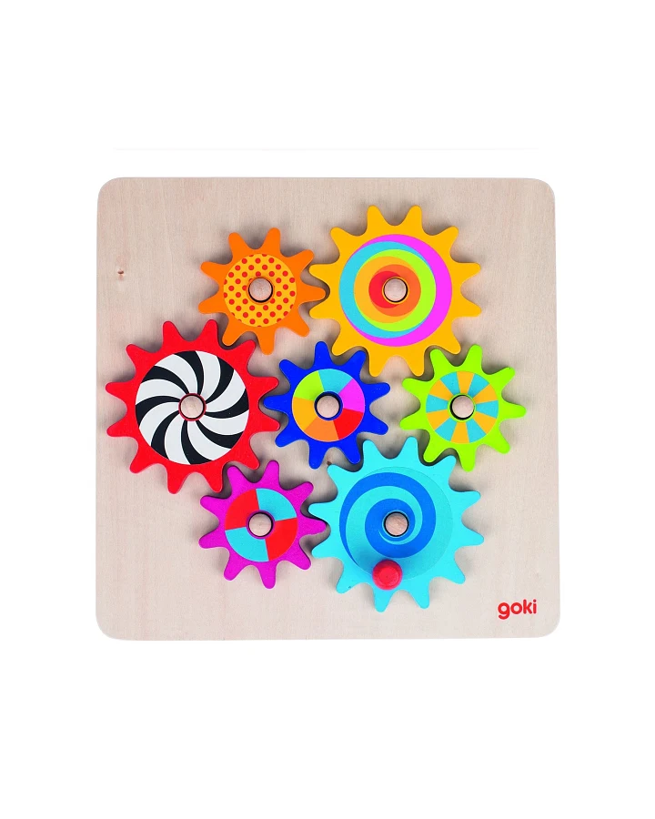 goki Zahnradspiel Steckspiel aus Lindenholz, 8-teilig 20,5 x 20,5 x 3,1 cm