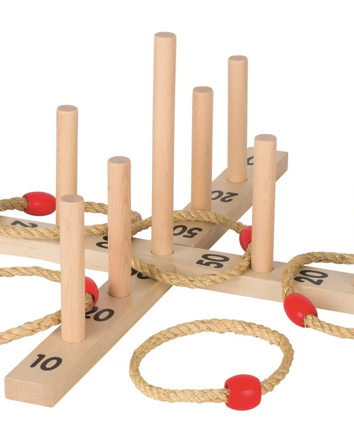 goki Ringwurfspiel Outdoor Spielzeug aus Holz im Baumwollbeutel, 15-teilig Durchmesser 56 cm