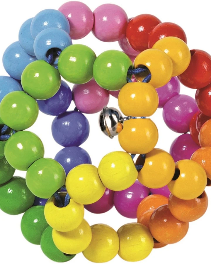 goki Greifling aus Holz mit Glöckchen "Elastik Regenbogenball" Durchmesser 8 cm