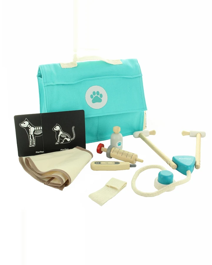 PlanToys Kinder Tierarzt Tasche mit Zubehör aus Kautschukholz Maße 8 x 21,5 x 14,5 cm