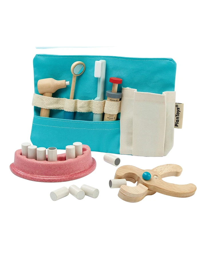 Produktseite: PlanToys Kinder Zahnarzt Set mit Zubehör aus Kautschukholz Maße 15,5 x 23 cm