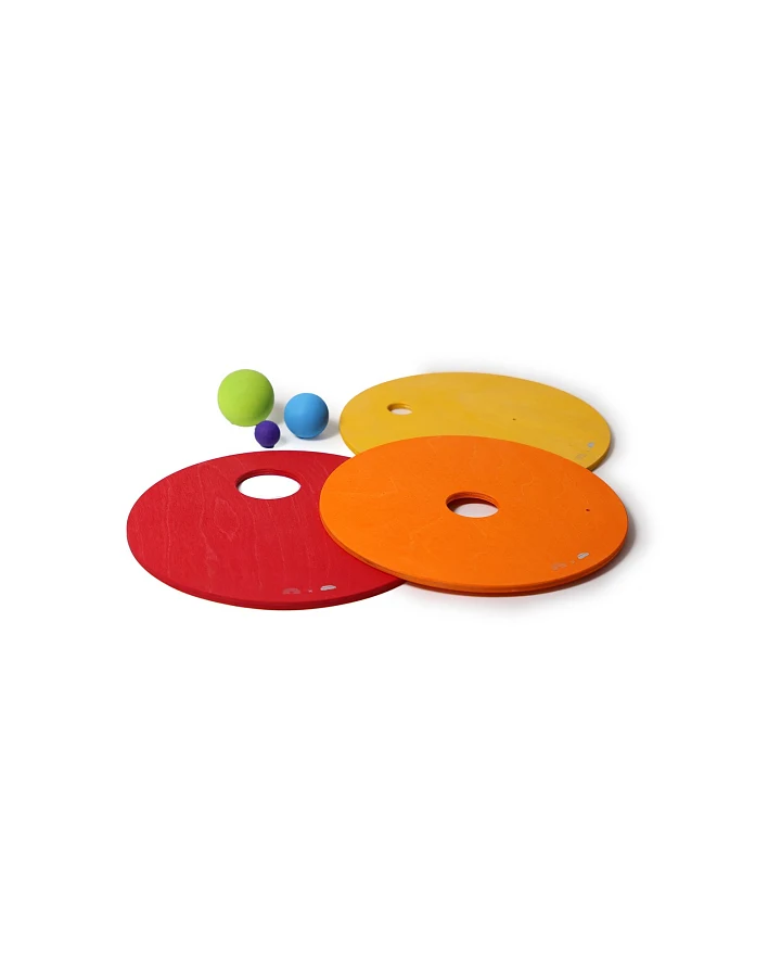 Produktseite: Grimms GRIMM’S x Stapelstein® Kullerscheiben warm rainbow Scheiben Ø 21,4 cm , Kugeln Ø 20,35,45 mm