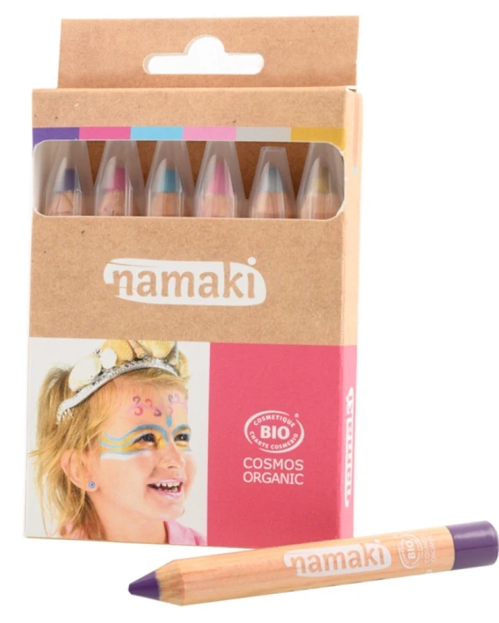 Produktseite: Kinder Bio Schminkstifte Set 6-teilig "Magische Welten" lila, fuchsia, türkis, rosa, silber, gold
