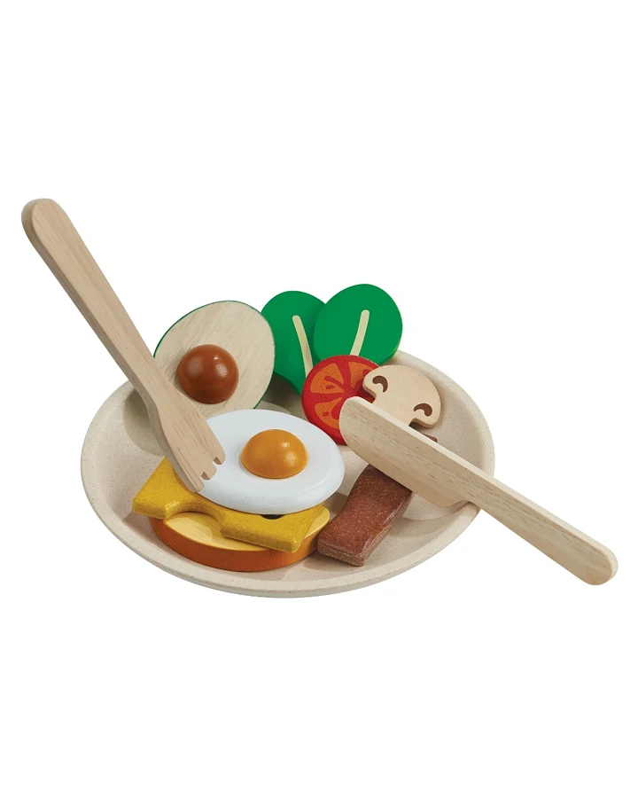 PlanToys Frühstück Set für die Kinderküche aus recyceltem Kautschukholz Durchmesser 16 cm, Höhe 1,9 cm