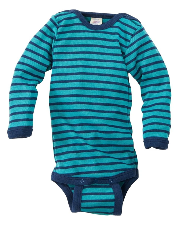 Engel Natur Baby Body Langarm Wolle Seide eisvogel-geringelt Gr.62/68