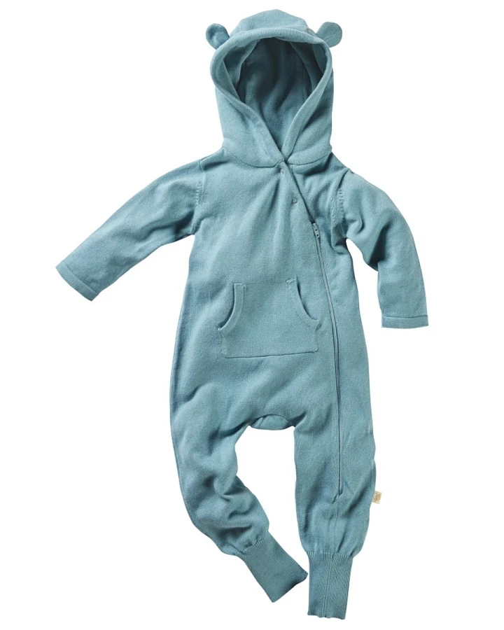 Baby Overall mit Kapuze Strick-Qualität Bio-Baumwolle blau Gr.50/56