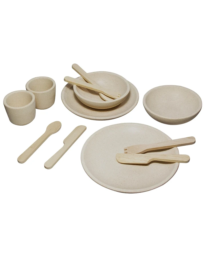 PlanToys Geschirr Set für die Kinderküche aus recyceltem Kautschukholz Durchmesser 16 cm, Höhe 1,9 cm