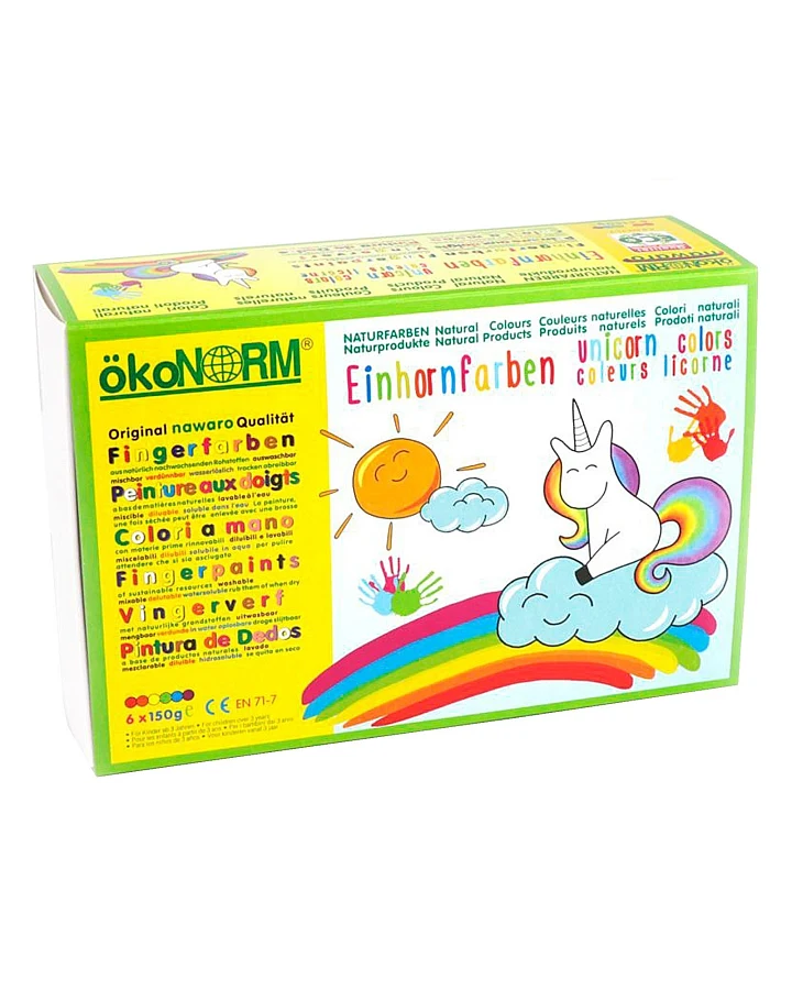 ökoNORM Fingerfarben "Einhorn" rot, orange, gelb, grün, türkis, violett