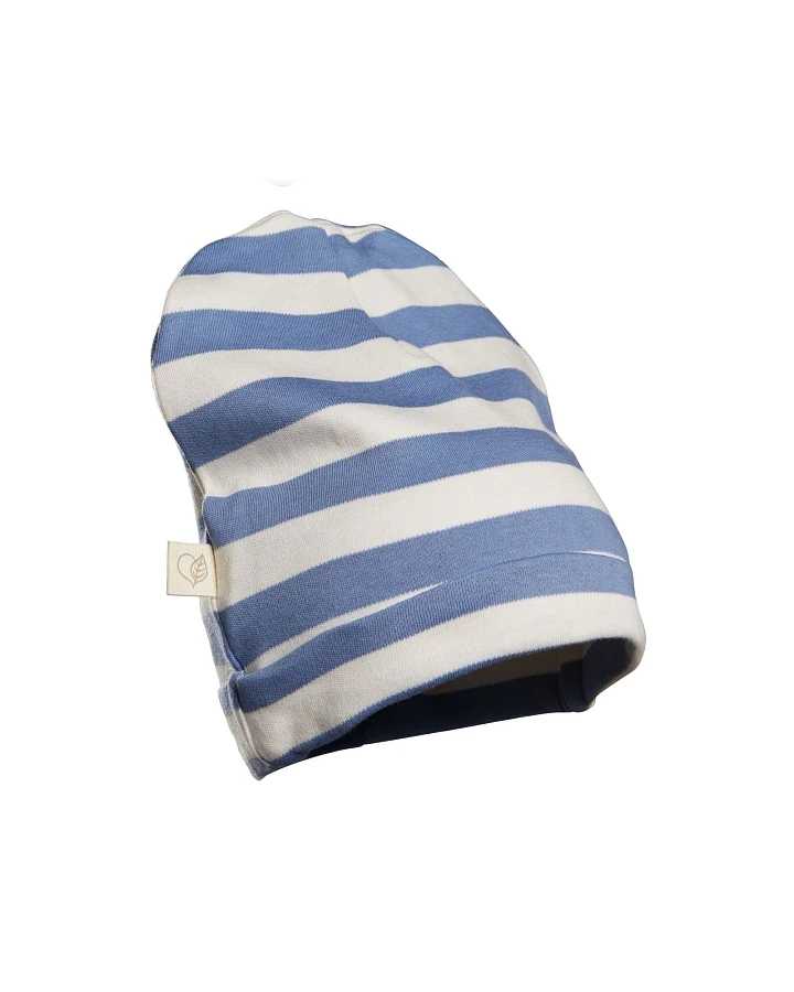 Kinder Mütze Bio-Baumwolle blau-off white Gr.92/104