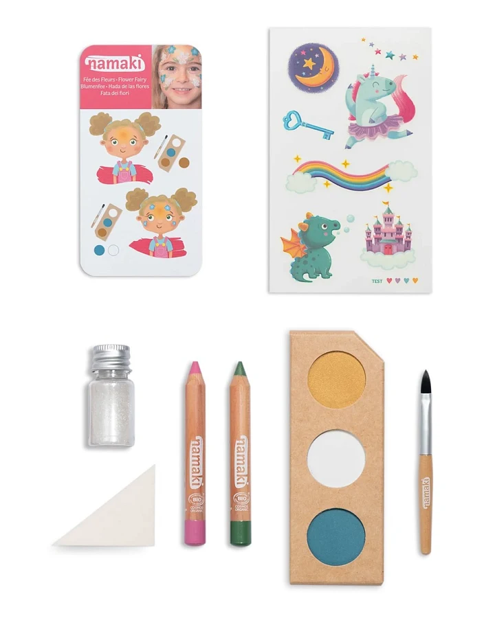 Kinder Bio-Schminkset "verzauberte Welten" Weiß, Türkis, Gold, Grün, Rosa, Silber