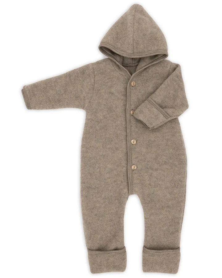 Produktseite: Engel Natur Baby Kapuzenoverall Bio-Merinowolle Fleece walnuss-melange Gr. 62/68