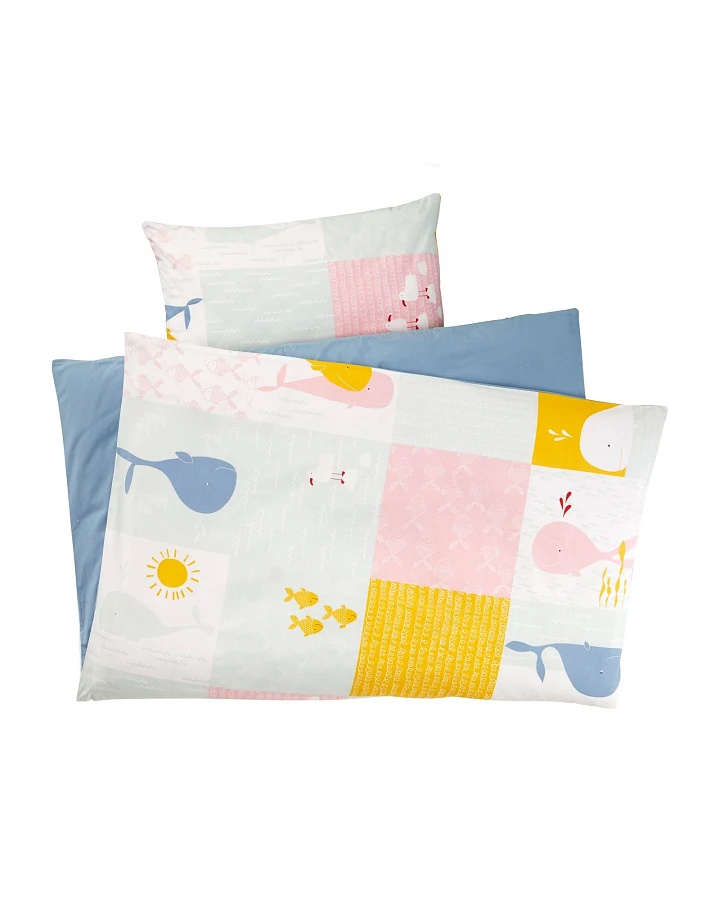 Kinderbettwäsche Bio-Baumwolle Patchwork Wal Bettbezug 100 x 135 cm, Kissen 40 x 60 cm