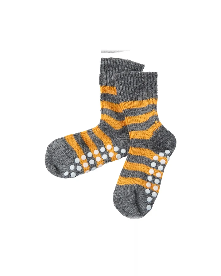 Kinder Stoppersocken Bio-Schurwolle anthrazit-gelb-geringelt Gr.18-20
