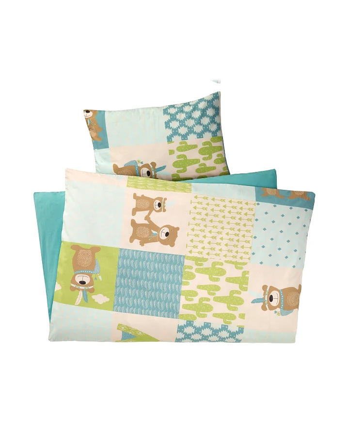 Kinderbettwäsche Bio-Baumwolle Patchwork Bär Bettbezug 100 x 135 cm, Kissen 40 x 60 cm