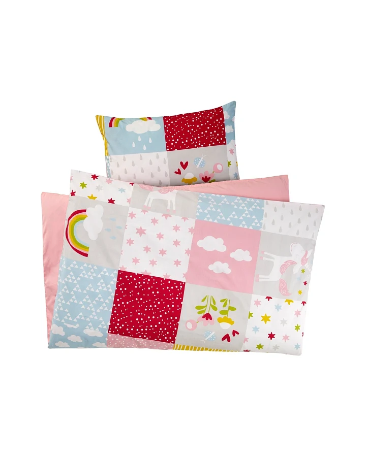 Kinderbettwäsche Bio-Baumwolle Patchwork Einhorn Bettbezug 100 x 135 cm, Kissen 40 x 60 cm