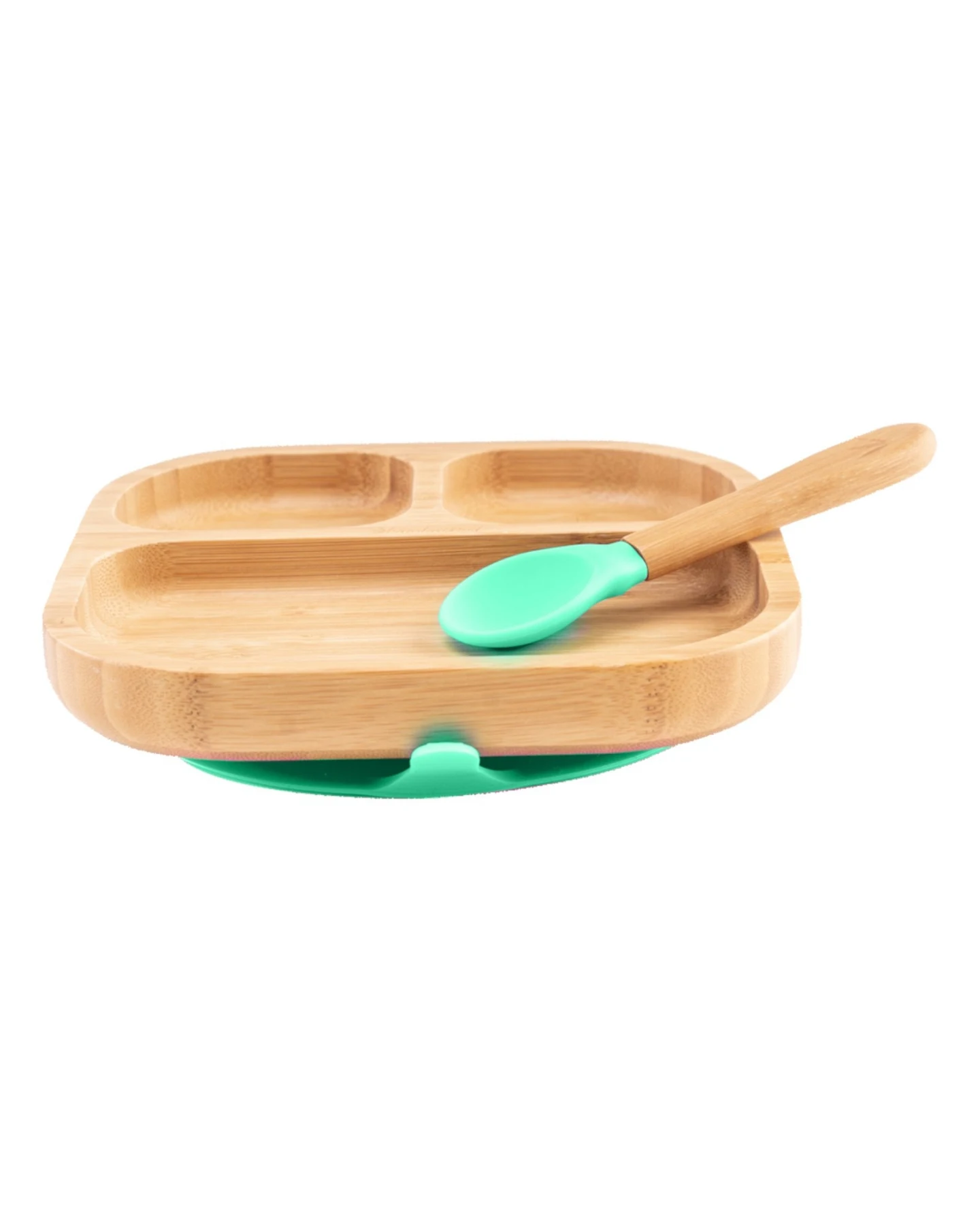 Kindergeschirr Teller mit Löffel und Saugnapf, aus Bambus, grün Durchmesser 16 cm, 1,5 cm tief – Ansicht 2