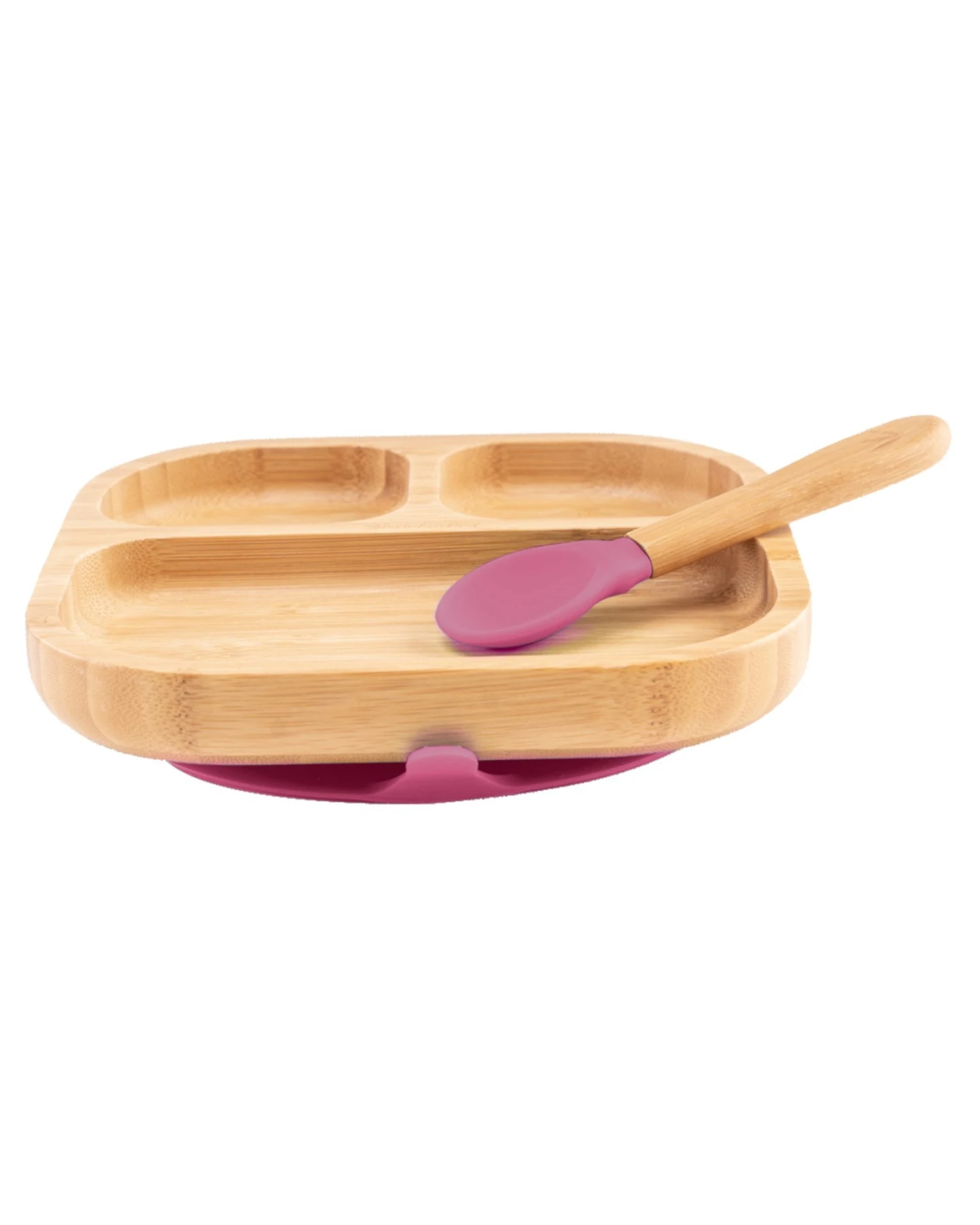 Kindergeschirr Teller mit Löffel und Saugnapf, aus Bambus, kirsch Durchmesser 16 cm, 1,5 cm tief – Ansicht 2