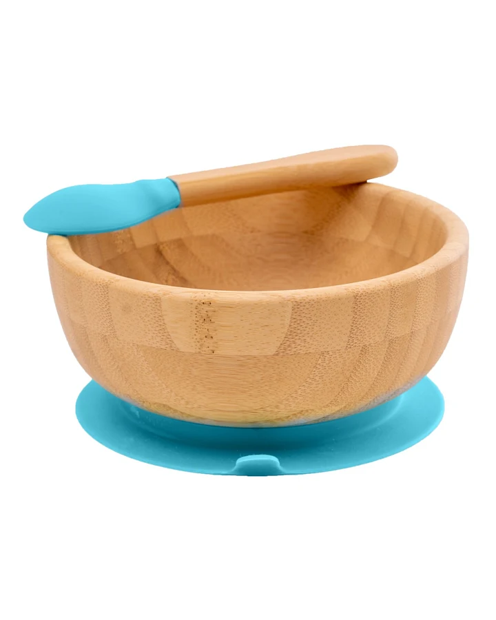 Kindergeschirr Schüssel mit Löffel und Saugnapf, aus Bambus, blau Durchmesser 14 cm, 4,5 cm tief