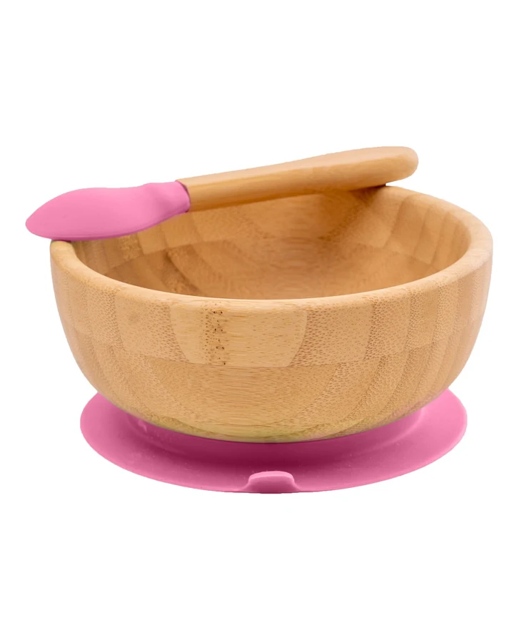Kindergeschirr Schüssel mit Löffel und Saugnapf, aus Bambus, kirsch Durchmesser 14 cm, 4,5 cm tief