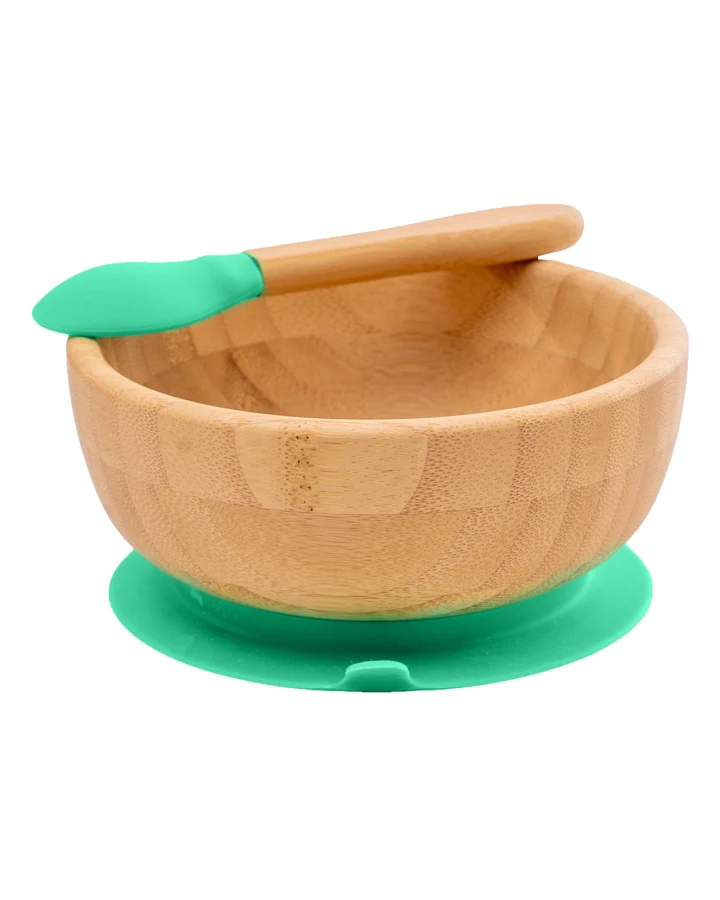 Kindergeschirr Schüssel mit Löffel und Saugnapf, aus Bambus, grün Durchmesser 14 cm, 4,5 cm tief
