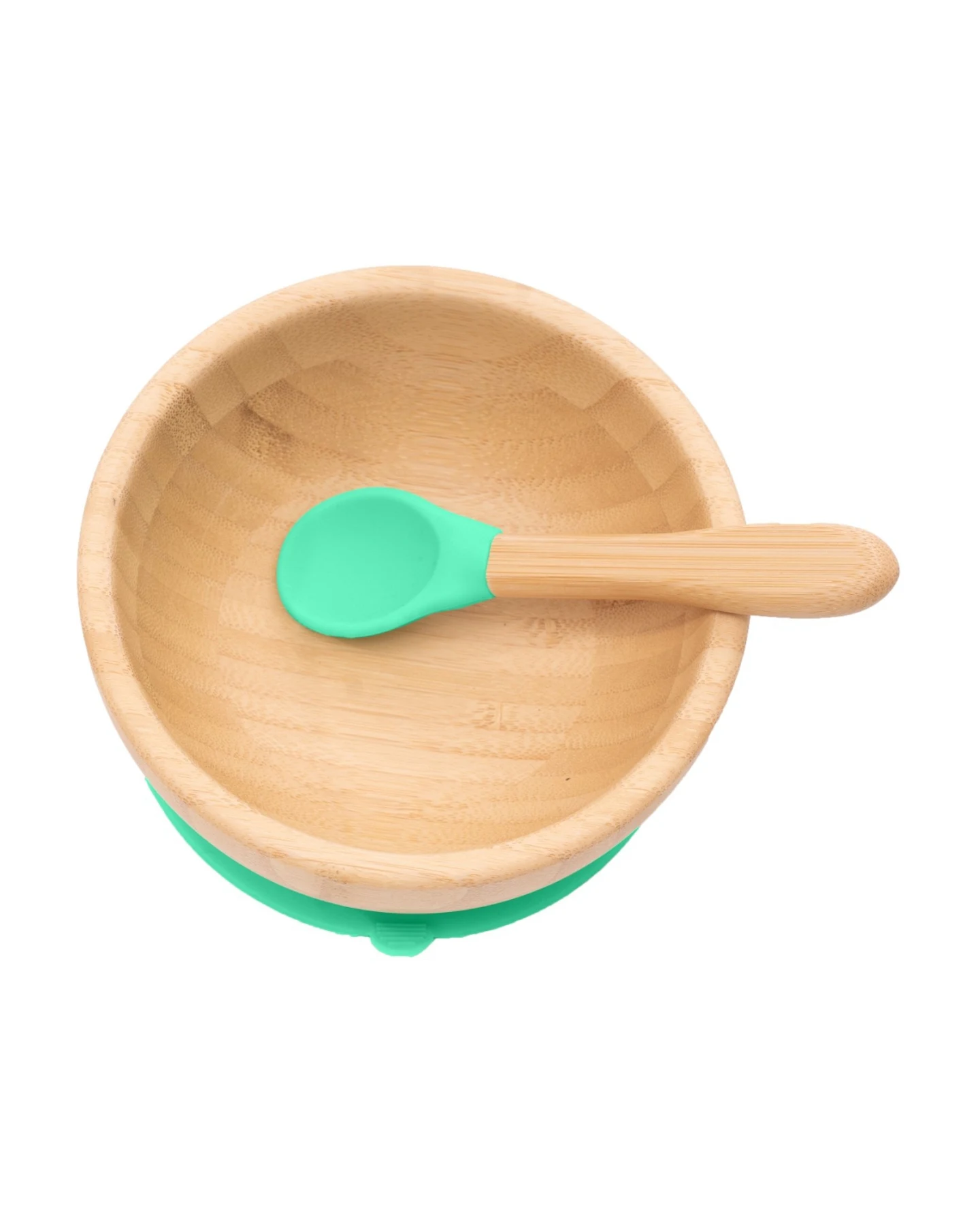 Kindergeschirr Schüssel mit Löffel und Saugnapf, aus Bambus, grün Durchmesser 14 cm, 4,5 cm tief – Ansicht 2