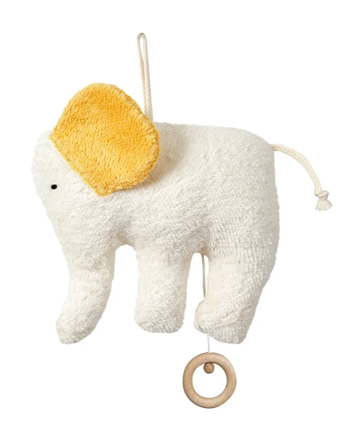 Spieluhr Elefant Bio Baumwolle, Füllung 100% Bio Schurwolle 16 cm, gelbe Ohren
