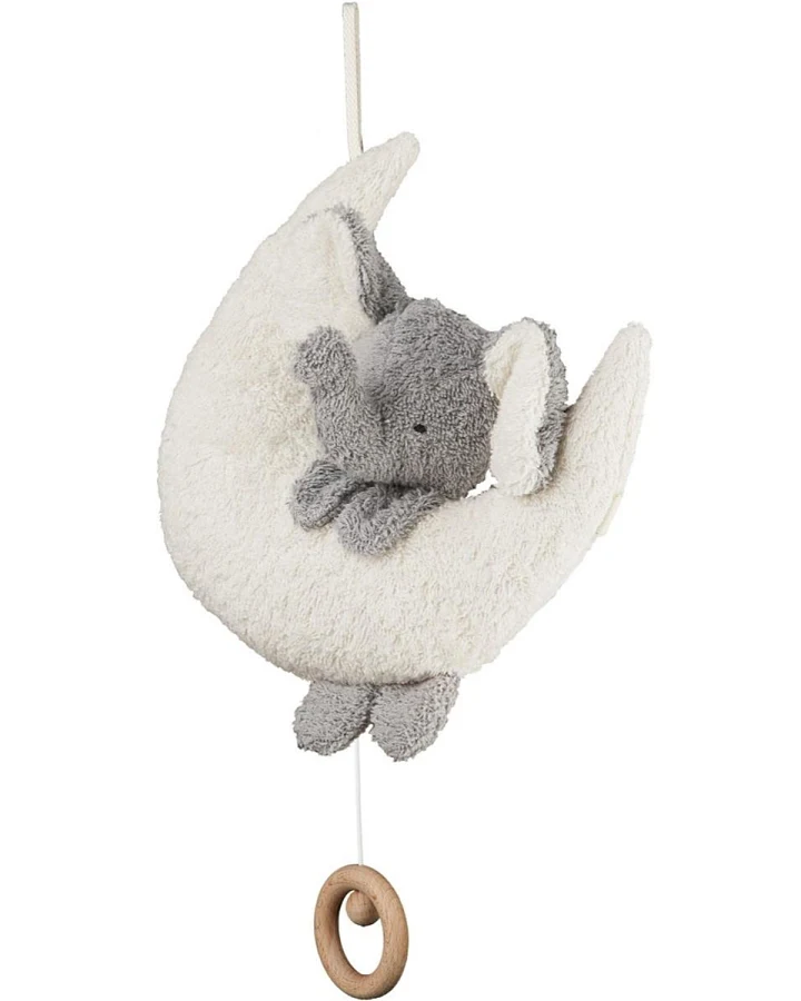 Spieluhr Elefant auf Mond Bio Baumwolle, Füllung 100% Bio Schurwolle ca. 20 x 20 cm