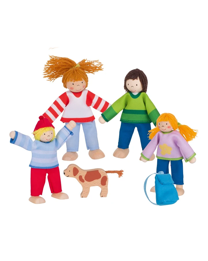 Produktseite: goki Biegepuppen Camping Familie 4 Personen und 1 Hund Maße 9-11 cm