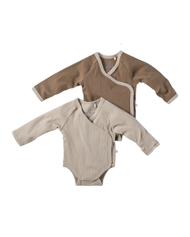 Baby Wickelbody Langarm Bio-Baumwolle 2er Set beige-braun Gr. 50/56