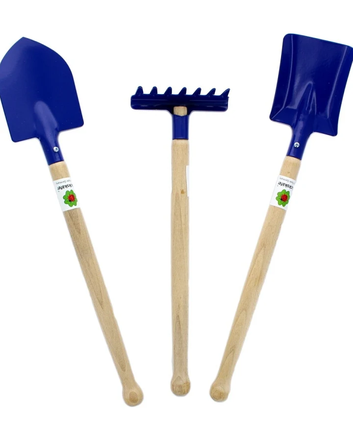 Sandspielzeug Metall und Holz, Harke, Schaufel, Spaten 3-teilig blau Länge 30-39 cm